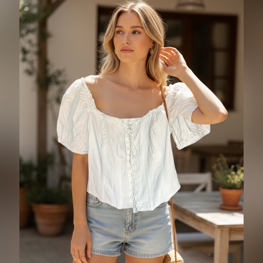 Astr The Label | White | Puff Sleeve | Smocked Corset Type Style Top | Size L